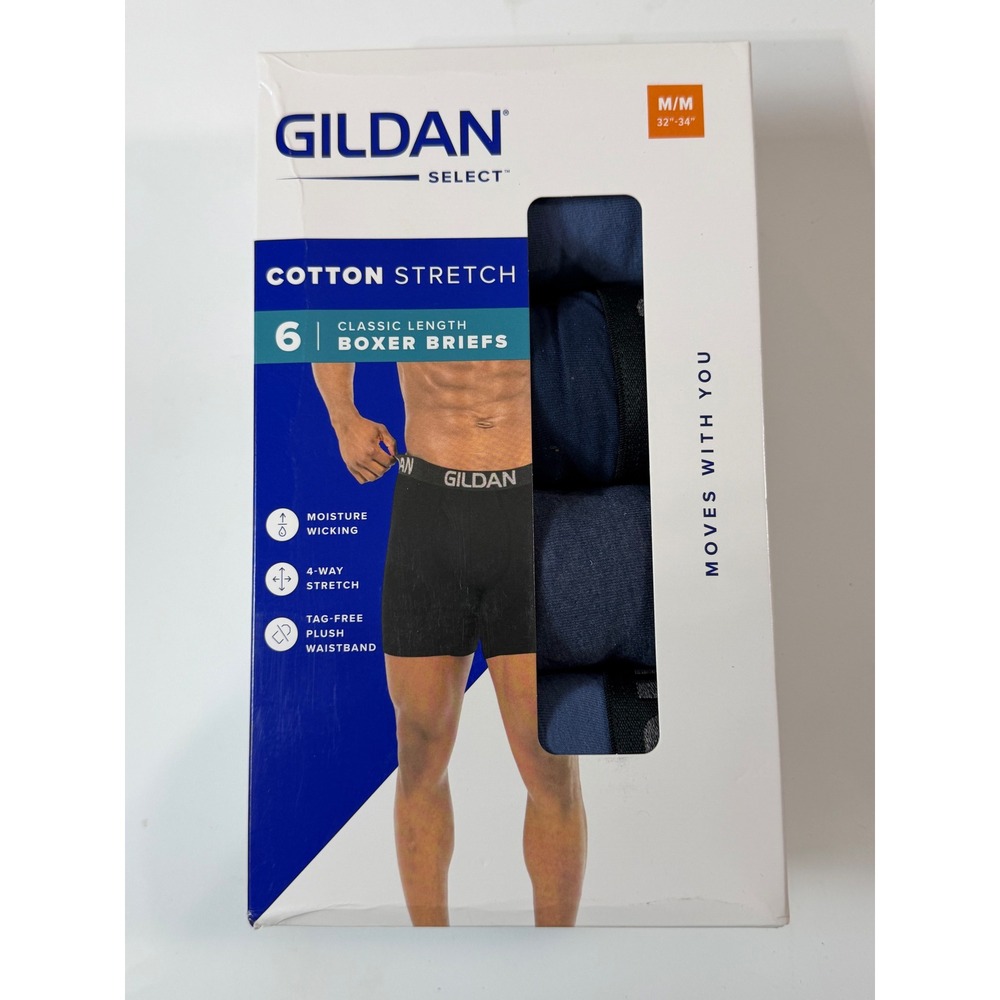Gildan Select Cotton Stretch Boxer Briefs Mens Medium Blue Black New 6 Pack